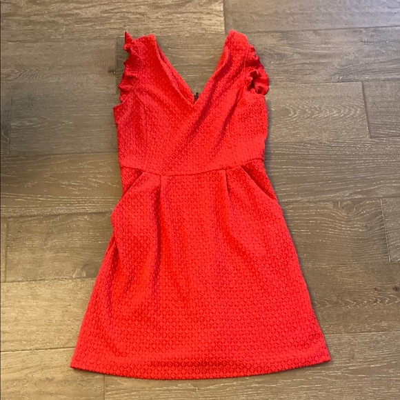 Anthropologie Dresses & Skirts - Anthropologie Tabitha Red Waffle Textured Ruffled Sleeve Pockets VNeck Dress 8 M